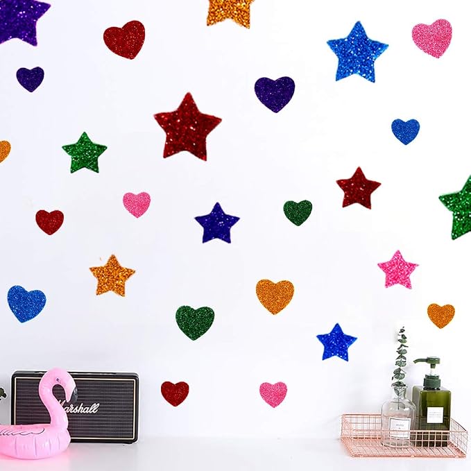260 Pieces Colorful Glitter Foam Stickers Self Adhesive Stars Mini Heart Shapes Glitter Stickers, Arts Craft Supplies for Greeting Cards Home Decoration Stars&Heart Shapes