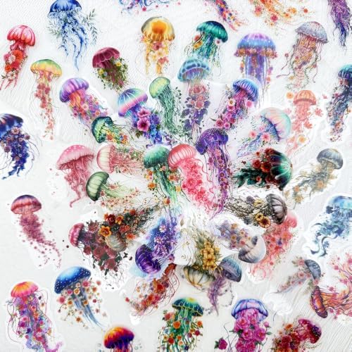 50PCS Floral Jellyfish Stickers for Journaling - Clear Watercolor Ocean Fantasy Scrapbook Stickers, Botanical Marine Life Aesthetic Decals for Planner, Junk Journal, Collage, Crafts Decoration