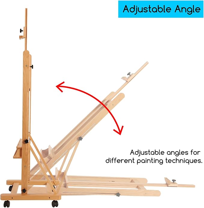 MEEDEN Studio Wood H-Frame Easel: Art Easel with Storage for Artist | Wooden Artist Painting Easel on Wheel - Floor Easel with Movable Tilting for Adults Artist Art Students Beginners Natural