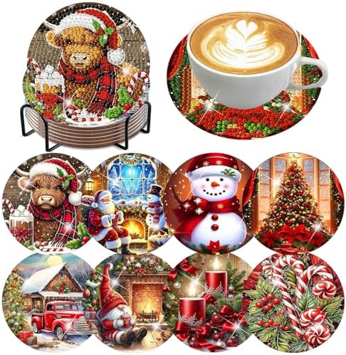 ijbnhd 8 Pack Christmas Diamond Art Coasters Kits with Holder4x4 inch