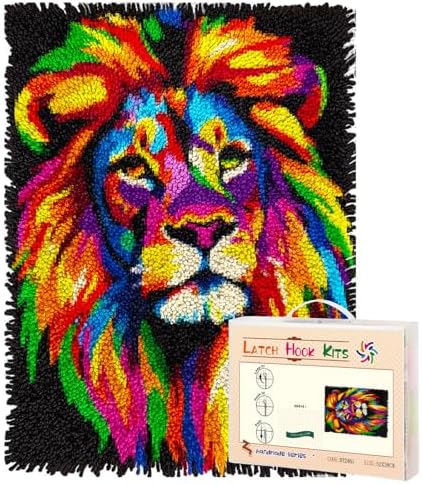 Latch Hook Rug Kit Colorful Lion Face Pre-Printed Handmade Carpet Crochet Yarn Craft DIY Hook and Latch Door Mat Tapestry for Home Floor Decoration 52x38cm-7
