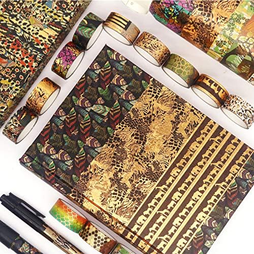 Wild Animals Washi Tape Set 12 Rolls Gold Foil Print Decorative Masking Tapes for Arts, DIY Crafts, Journals, Planners, Scrapbook, Wrapping (African Migration)