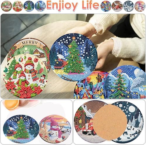 ijbnhd 8 PCS Christmas Diamond Art Coasters Kit Diamond Painting Coasters