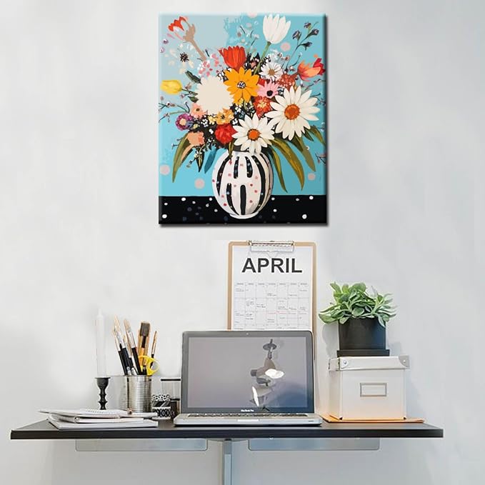 Abstract Flowers in Vase Oil Painting Paint by Number Kits 16 x 20 inch Canvas Colorful Flowers DIY Oil Painting for Kids Students Adults Beginner with Brushes and Acrylic Pigment (without Frame)