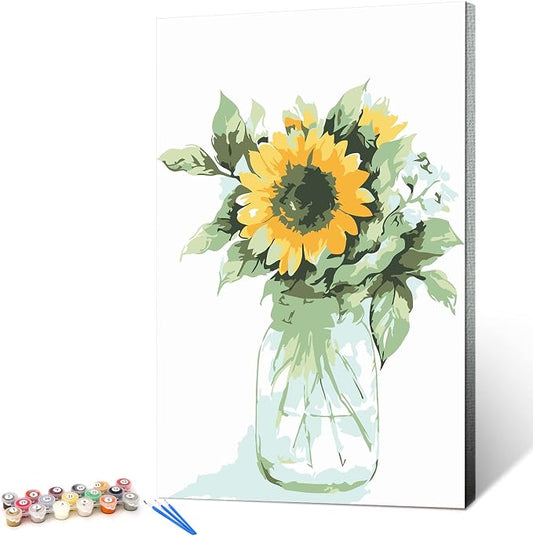 Ginkko Paint by Numbers for Adults Kids Beginners with Wooden Frame Easy Acrylic on Canvas 12x16 inch with Paints and Brushes, Vase Sunflower(Include Framed)