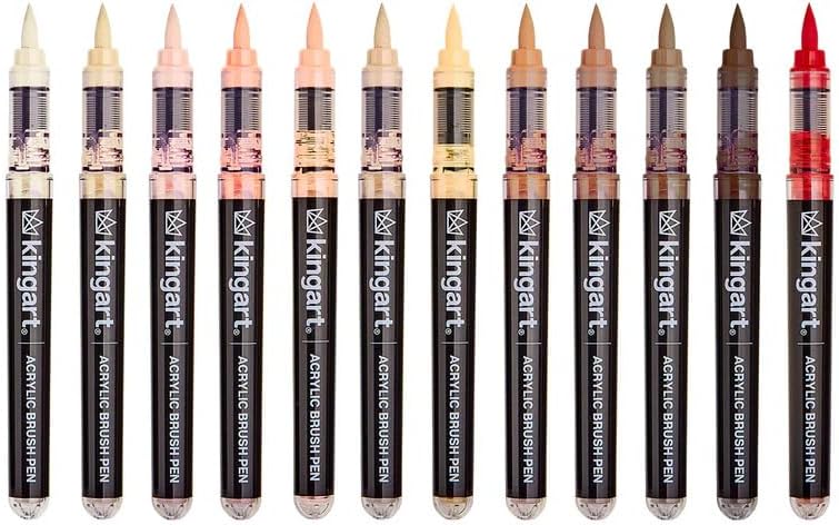 KINGART Acrylic Paint Markers Brush Tip, 12 Portrait Colors. Water-based, no-bleed, waterproof pens with automatic ink control for rock, egg, wood, fabric, glass & DIY crafts