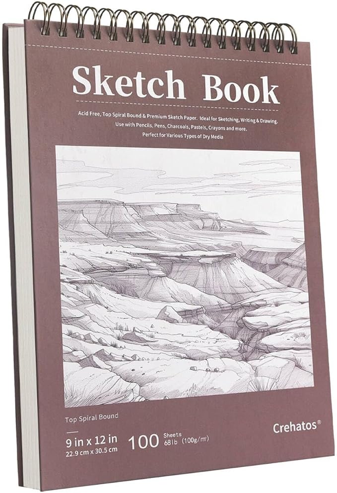 Crehatos 9" x 12" Sketch Book, Top Spiral Bound Sketch Pad, 100 Sheets 68lb/100gsm Drawing Paper, 1 Pack | Top Spiral Bound Sketch Pad, 68lb/100gsm Drawing Paper for Dry Media