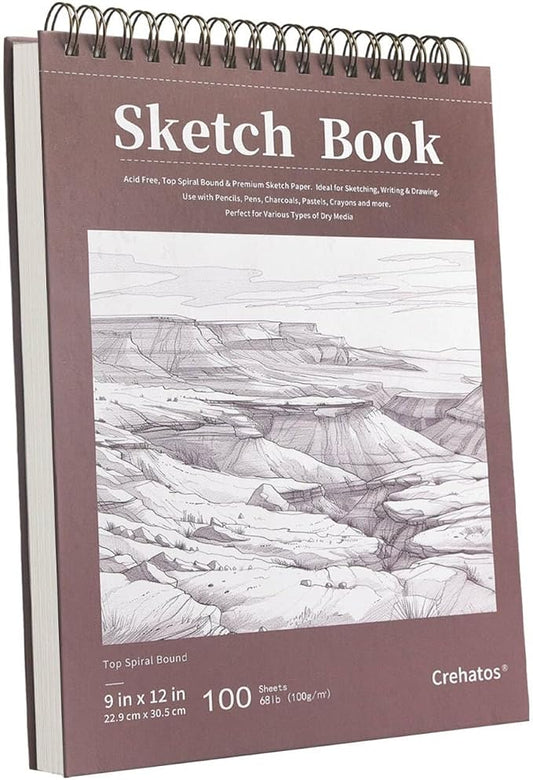 Crehatos 9" x 12" Sketch Book, Top Spiral Bound Sketch Pad, 100 Sheets 68lb/100gsm Drawing Paper, 1 Pack | Top Spiral Bound Sketch Pad, 68lb/100gsm Drawing Paper for Dry Media