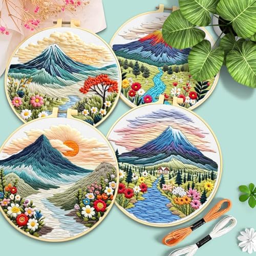 ERKOON 4 Set Embroidery Kit for Beginners, Cross Stitch Set Include Embroidery Cloth Hoops Threads for Craft Lover Hand Stitch with Embroidery Skill Techniques (Landscape)