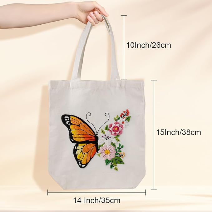 Louise Maelys Embroidery Kit Canvas Tote Bag for Beginners with Butterfly