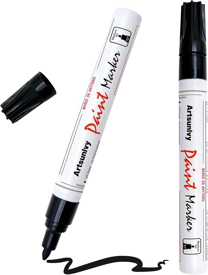 Artsunlvy Black Paint Pens Permanent Markers - 2 Pack Oil Based Quick Dry Waterproof Markers for Plastic, Tire, Rubber,Wood, Rocks, Metal, Canvas, Dark Surface,Craft Art Supplies,Medium Point