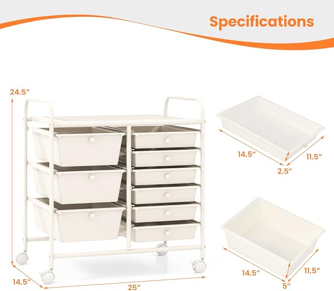 Giantex 9 Drawers Rolling Cart, Classroom Organizers, Storage Cart with Wheels, for Teacher Office Home School Supplies Tool Craft Art Paper, Ivory