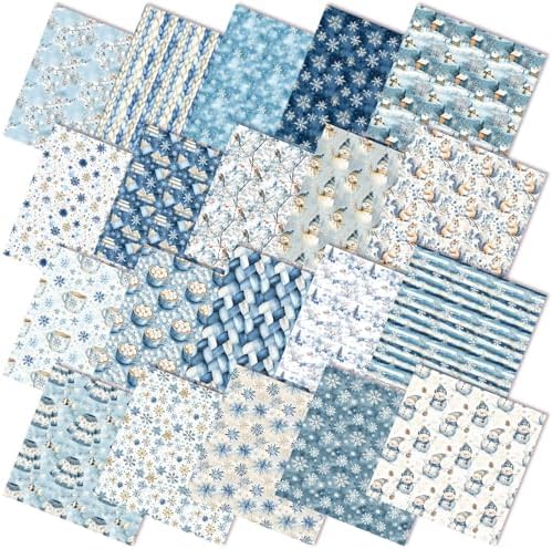 HunnmingRe 20 Pcs 10''x10'' Blue Winter Quilting Fabric Square Woodland Christmas Quiltted Fabric Bundle Snowy Day Snowflake Snowman Precuts Printed Patchwork Supplies for Xmas DIY Sewing Craft