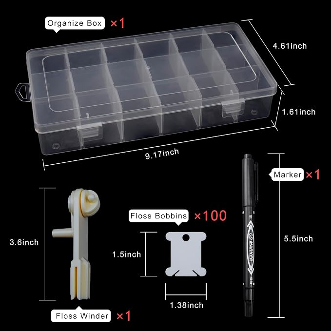 Embroidery Floss Organizer, 1 Removable 18 Compartments Cross Stitch Thread Storage Box with 100 Plastic Embroidery Floss Bobbins, 1 Floss Winder and 1 Marker