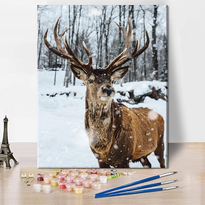 TUMOVO Deer Paint by Number, Elk Snowy Winter Forest Landscape Art