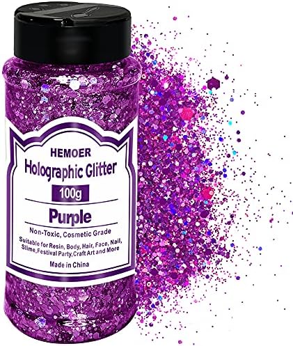 HEMOER Purple Glitter, 100g/3.5oz Holographic Chunky Glitter Mixed Hexagon Chunky & Fine Flakes Iridescent Sequins for Epoxy Crafts, Resin, Nail Body, Tumblers, Festival Party