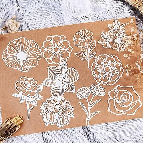40pcs Lace Scrapbooking Supplies Cutout Scrapbook Paper Flower Leaves Feather Frame White Vintage Journaling Supplies Decorative Paper for Junk Jounal Planner Handmade Card Gift Wraps Craft