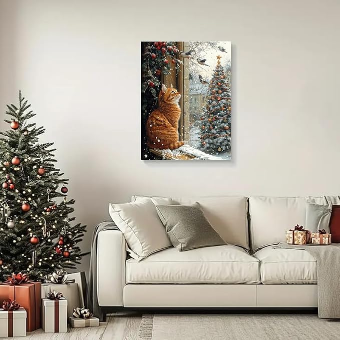 Cat Paint by Numbers Kit for Adults,Winter Painting by Numbers,DIY Acrylic Paint Kit for Adults Beginners Without Frame,Easy Christmas Adult Paint by Number Kits on Canvas for Decor 16x20inch