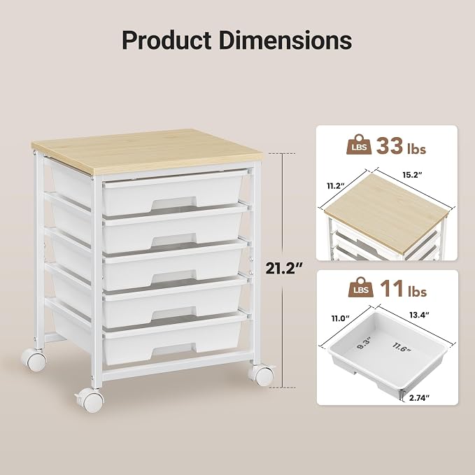 Pipishell Rolling Cart with 5 Drawers, Craft Storage Cart, Class White