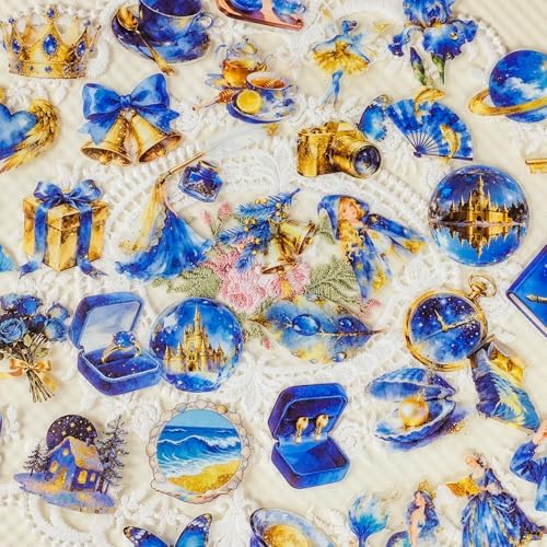 56 PCS Blue Gold Fantasy Magical Celestial Clear Stickers, Dreamy Watercolor Fairytale Aesthetic Scrapbook Stickers for Journaling Planner Laptop Decor