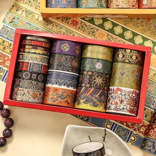 20 Rolls Chinese Style Washi Tape Set, Ancient Palace Pattern Decorative Masking Tapes with Gold Foil, Various Sizes for Craft, Scrapbook, DIY, Gift Wrapping (21-Auspicious Palace Brocade)