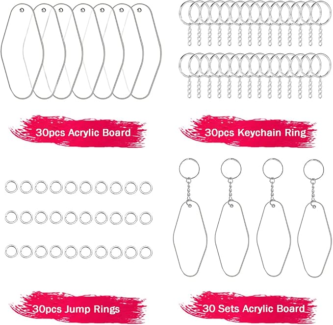 90pcs Acrylic Blanks Key Tags Kit, Including 30 pcs Motel Hotel Shape Retro Acrylic Board, 30 Keychain Rings and 30pcs Jump Rings for Cricut Crafting Vinyl Ornament Blanks DIY Keychain Making
