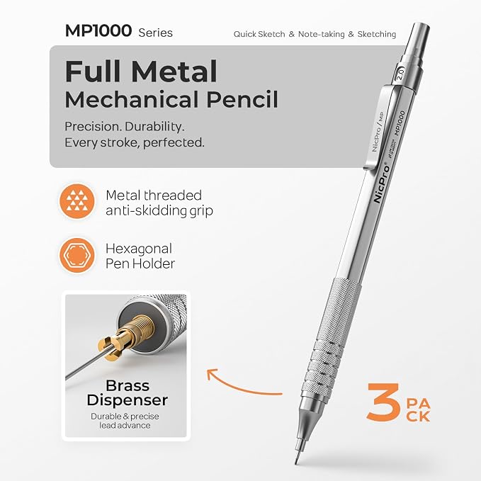 Nicpro 3 Pack 2.0 mm Mechanical Pencil Set with Case for Architects