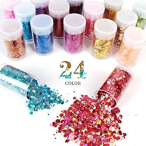 Estanoite 24 Color Sequins & Fine Glitter Mix - Holographic Glitter Flakes for Face, Body, Eye, Hair & Nail Art