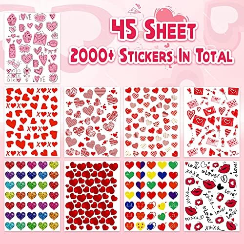 LINAYE Valentines Heart Stickers for Kids - 2000PCS Cute Valentines Day Stickers 45 Sheets Love Stickers for Cards Envelopes Craft Scrapbooking Valentine Day Party Supplies Favors for Girls Boys