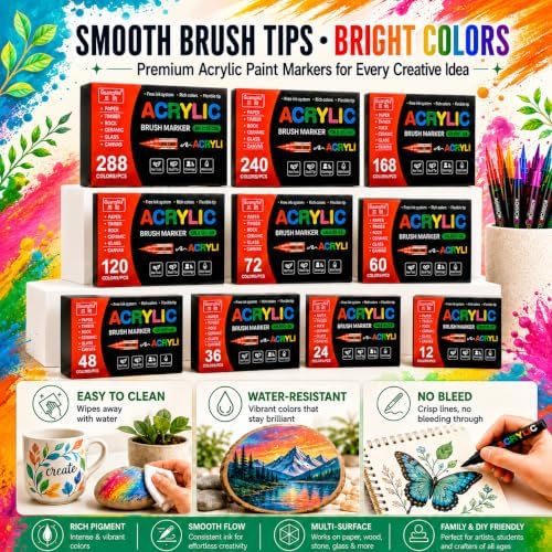 120 Colors Soft Brush Tip Acrylic Markers Set, Paint Pens for Rock, Wood, Fabric, Canvas, Glass, DIY Crafts, Waterproof Paint Markers, Vibrant Acrylic Pens for Artists and Art Projects