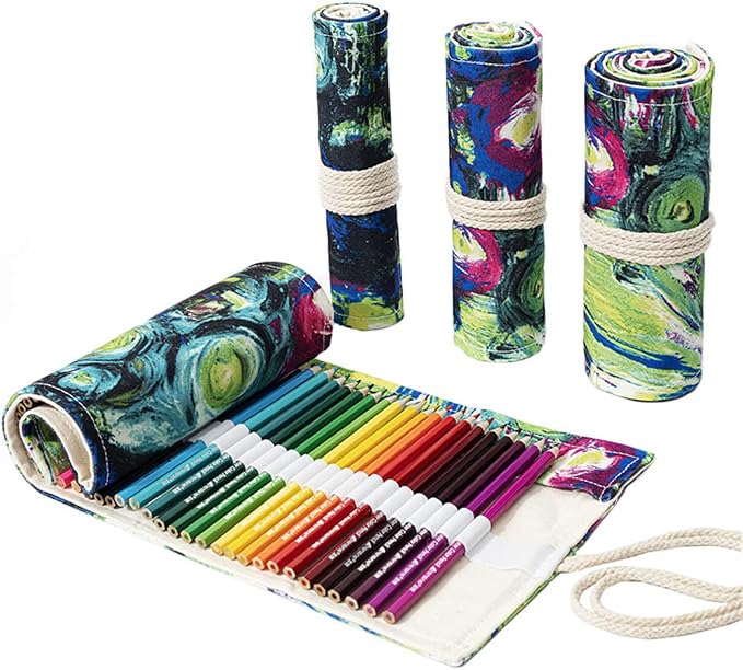 DIYOMR 24/36/72 Slots Pencil Wrap Pencil Rolls, Artist Colored Pencils Roll Up Bag Short Brushes Pouch Case Pencils Organizer for Drawing Coloring and Sketching,No Pencils (Ink Painting, 72slots)