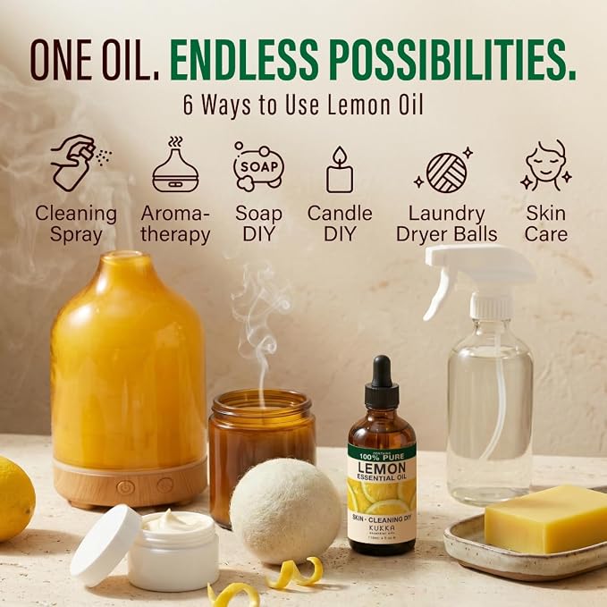 Kukka 100% Pure Lemon Essential Oil for Skin, Diffuser, 4 Fl Oz | Cold-Pressed Italian, Undiluted Lemon Oil for Diffuser, Aromatherapy, Cleaning, Household Use - GC-MS Tested