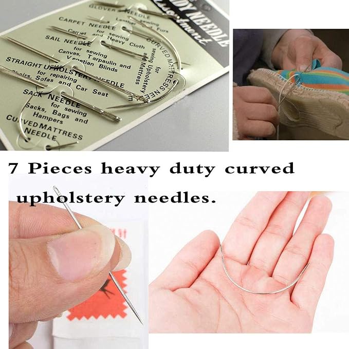 Topus Extra Strong Upholstery Repair Sewing Thread Kit and Heavy Duty Household Hand Needles, Including 7 Styles of Leather Canvas Sewing Needles and 3 Rolls Nylon Thread (70 Yard Per Roll), 3 Colors