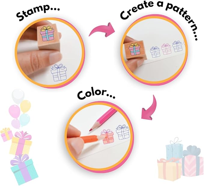 Birthday Card Making Kit -11 Reuseable Wooden Stamps & Ink Pad, 12 Blank Cards with Colorful envelopes, 1 Sheet of Birthday Stickers and 5 Color Pencils Ages 4+