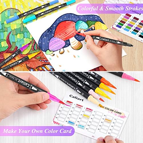 Caliart 34 Double Tip Brush Pens Art Markers for Adult Coloring Books | Artist Fine & Brush Coloring Markers for Journaling Calligraphy Hand Lettering Drawing Teacher Office Art Supplies