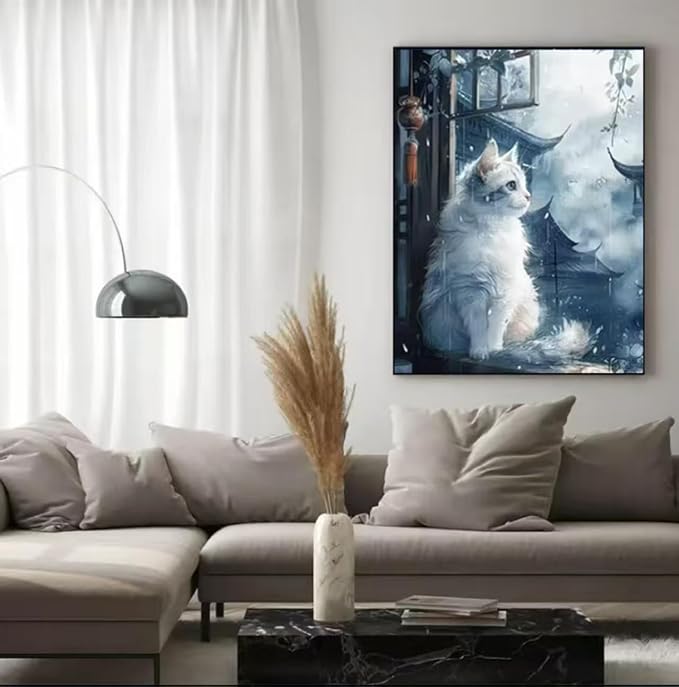 YUXUANKANG Diamond Painting Kit, White Cat by Window, 12x16 Inch, Resin Drills, DIY Craft Activity for Adults