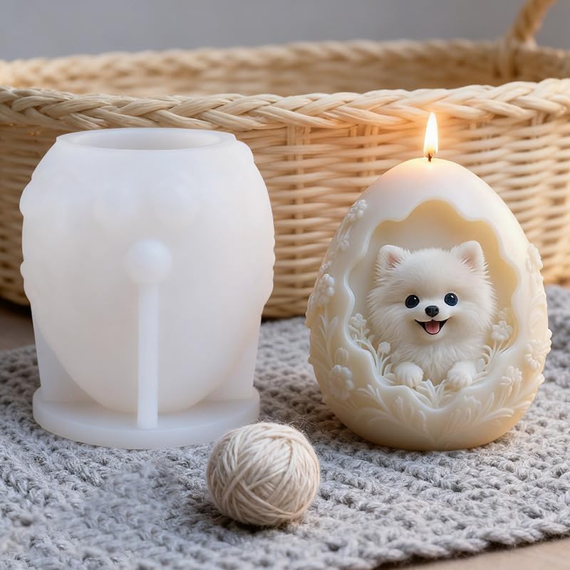 Konrisa Egg Shape Candle Molds, Cute Pomeranian Dog Resin Casting Molds DIY Craft Ornament, Handmade Aromatherapy Candle Making Molds for Resin