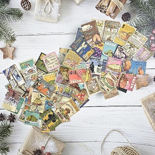 Prstincol 100 Pcs Scrapbooking Stickers,Food Stickers for Scrapbooking,Vintage Stamp Sticker for Journaling,Retro Poster Sticker for Water Bottle Laptop Phones Bullet Journal