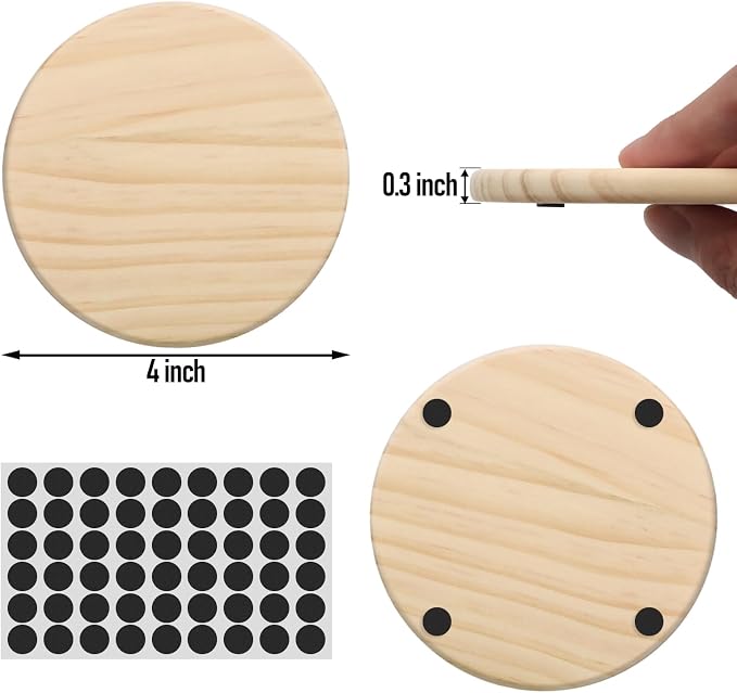 12 Pack 4 Inch Unfinished Round Wood Coasters with Non Slip Pad