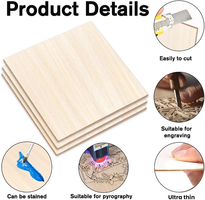 6 Pack Basswood Sheets 12 x 12 x 1/16 Inch Thin Wood Sheets for Crafts