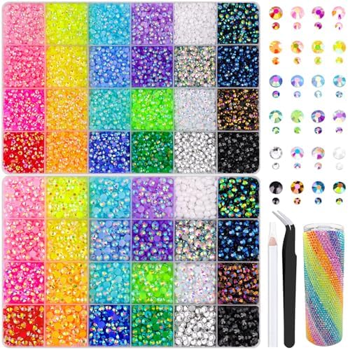 2 Boxes 3mm+5mm Jelly Rhinestones for Bedazzling, 20000Pcs Multicolor Flatback Resin Gems for Crafting, Bedazzler Kit with Tweezer for DIY Crafts Book Fabric Decor Nail Art