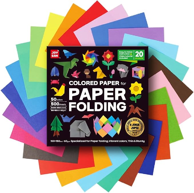Origami Paper kit for Kids Ages 5-8 8-12, made in Korea, Double sided colored, 500 sheets, 50 Colors, 6x6 Square, DIY art craft projects, easy guide book, QR Video tutorial included