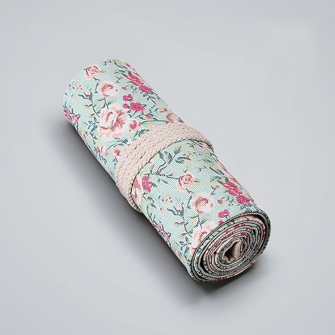 DIYOMR 24/36/72 Slots Pencil Wrap Pencil Rolls, Artist Colored Pencils Roll Up Bag Short Brushes Pouch Case Pencils Organizer for Drawing Coloring and Sketching,No Pencils (Small Floral, 36slots)