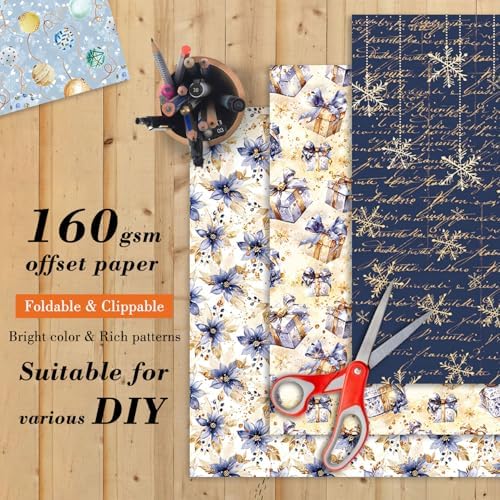 12 x 12 In Scrapbook Paper Pad Cardstock,24 Sheets Double Sided Blue Pattern Aesthetics Print Floral Decor Decoupage for Photo Album Journals Card Folded Supplies Gift Wrapping DIY Crafts
