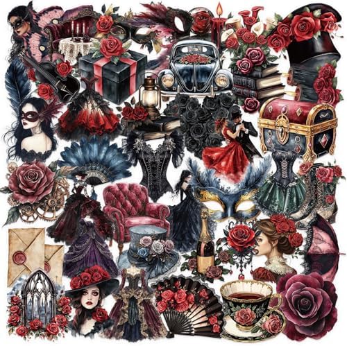 50pcs Transparent Vintage Stickers for Kids,Vintage Masquerade Sticker Halloween Waterproof PET Stickers for Scrapbook Journaling Photo Album Collage Card Victorian Sticker for Teens and Adults