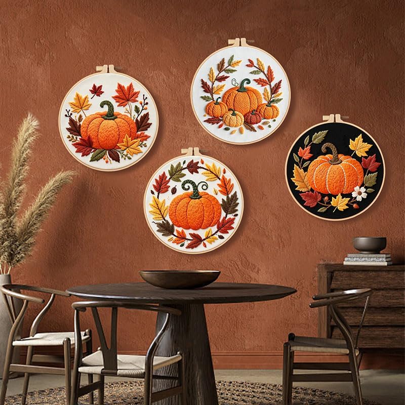 Konrisa Pumpkin Embroidery Kits, Stamped Embroidery Starter Kit for Adult with Hoop,Needlepoint Cross Stitch Kit,Set of 3