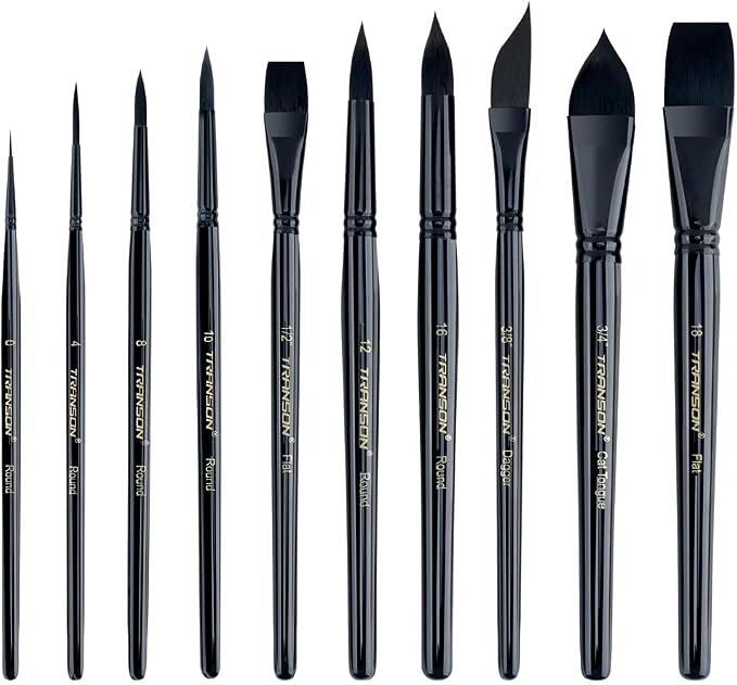 Transon 10pcs Natural Watercolor Paint Brush Set Professional for Watercolor Acrylic Ink Gouache Tempera