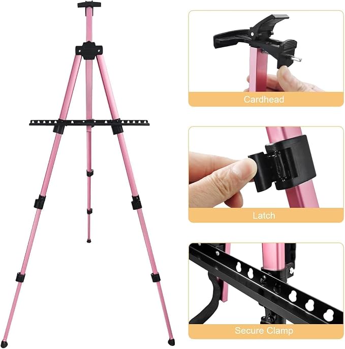 RRFTOK Pink 17-66 Inch Adjustable Art Easel Stand for Painting and Sign | Portable aluminum tripod easel for painting, sign, canvas holder, floor and display use