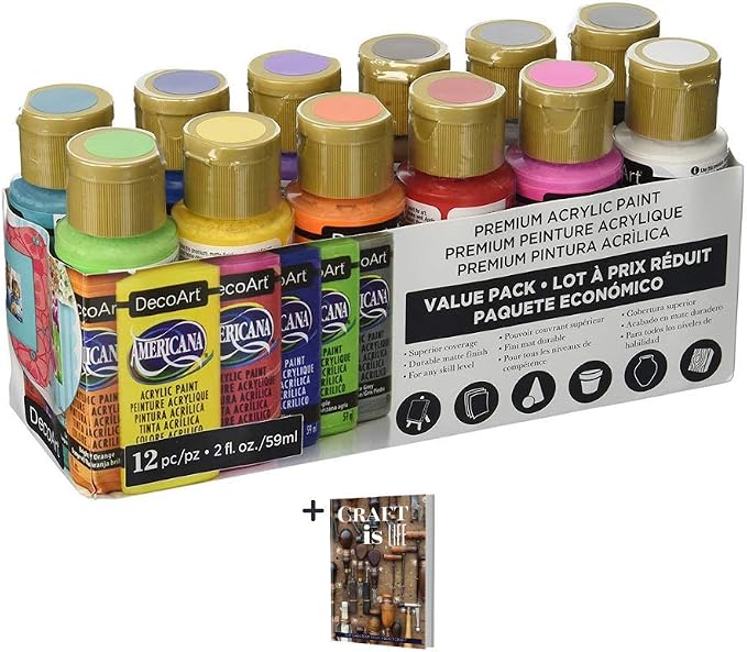 DecoArt Americana Acrylic Paint - 12 Ct Basic Assorted Acrylic Paints Value Pack - Medium Viscosity Water Based Multi Surface Paint Set for Arts and Crafts, Wall Art, Model Kit Paint + E-book