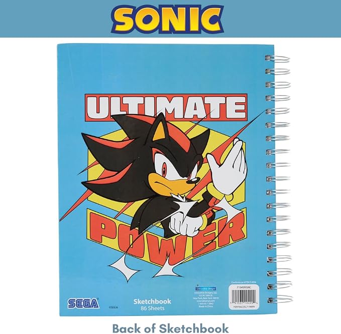 Sonic The Hedgehog Sketchbook for Kids with Washable Markers, 86 Blank Pages Spiral Bound, Sonic and Shadow